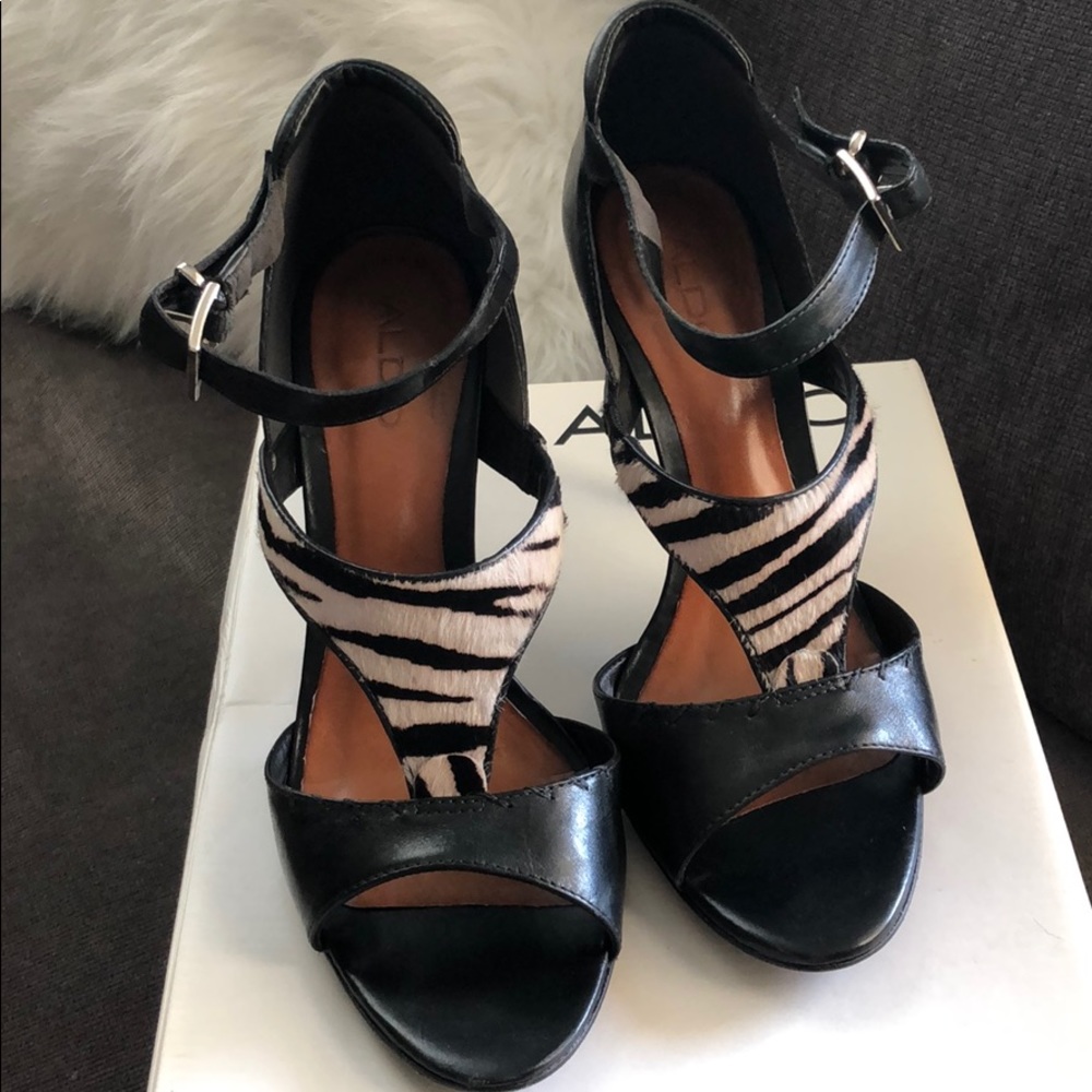 Aldo black leather zebra print heels